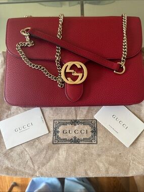 Gucci Red Leather Shoulder Bag with Gold Double G Chain